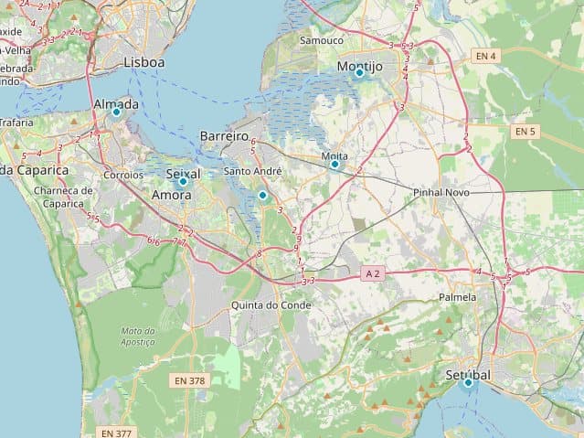 Mapa da Margem Sul com Almada, Seixal, Barreiro, Moita, Montijo e Setúbal assinalados